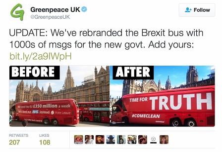 Tweet von Greenpeace mit Bild des umgestalteten Wahlkampfbusses